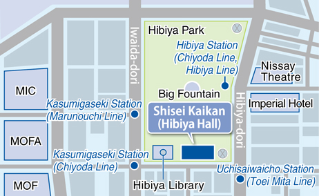 The map for the Shiseikaikan from the closest train exit. When you get out of Exit A7 at Uchisaiwaicho Station on the Toei Mita Subway Line, go backward and turn left at the intersection (Uchisaiwaicho Intersection), cross Kokkai-dori toward Hibiya Park and turn left. 80m ahead, the main entrance of the Shiseikaikan is on your right.  When you get out of Exit C3 at Kasumigaseki Station on the Tokyo Metro Line, go backward toward Hibiya Park, cross Kokkai-dori at the intersection (Nishisaiwaimon-mae Intersection) and turn right. 250 meters ahead, the main entrance of the Shiseikaikan is on your left.