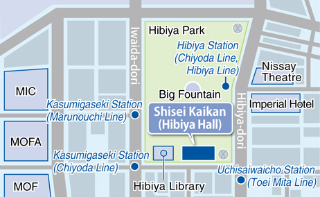 The map for the Shiseikaikan from the closest train exit. When you get out of Exit A7 at Uchisaiwaicho Station on the Toei Mita Subway Line, go backward and turn left at the intersection (Uchisaiwaicho Intersection), cross Kokkai-dori toward Hibiya Park and turn left. 80m ahead, the main entrance of the Shiseikaikan is on your right. When you get out of Exit C3 at Kasumigaseki Station on the Tokyo Metro Line, go backward toward Hibiya Park, cross Kokkai-dori at the intersection (Nishisaiwaimon-mae Intersection) and turn right. 250 meters ahead, the main entrance of the Shiseikaikan is on your left.